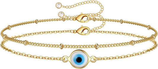 Dainty Gold Bracelets for Women, 14K Gold Plated Adjustable Layered Beads Bracelet Cute Evil Eye Oval Chain Pearl Bar Turtle Gold Bracelets for Women Jewelry