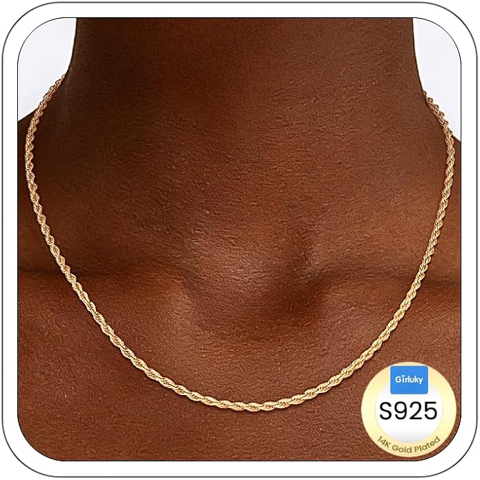 2mm Rope Chain 925 Sterling Silver Chain Necklace for Women, 14K Gold Plated Chains for Women Durable & Smooth Women's Chains Necklace, 16 18 20 22 24 26 Inch