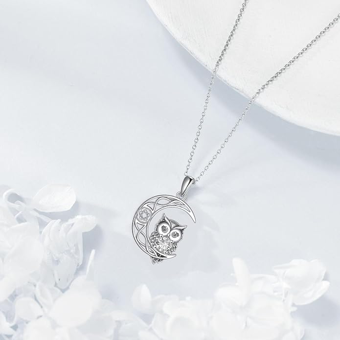 Owl Birthstone Necklace Sterling Silver Celtic Moon Pendant Cubic Zirconia Owls Jewelry Birthday Gifts for Women Men