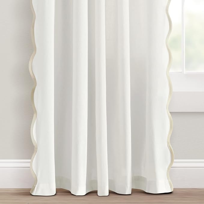 Lush Decor Coastal Chic Scalloped Edge Light Filtering Window Curtain Panels Pair, 52" W x 84" L, Neutral & White - White Curtains for Living Room - Coastal Decor