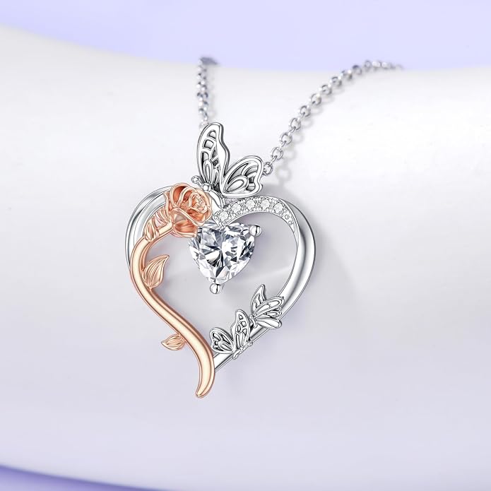 TOUPOP Rose Heart Birthstone Necklace 925 Sterling Silver Heart Butterfly Pendant Love Jewelry Birthday Gifts for Women Wife Mom Her