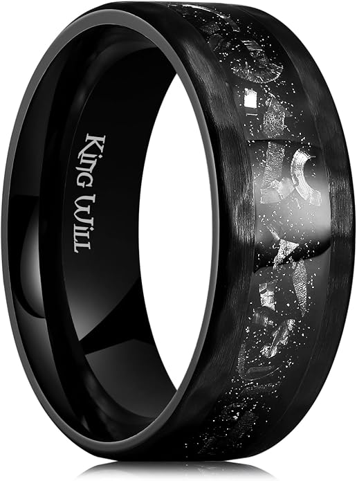 King Will 8mm Silver Hammered Titanium Ring Center Inlaid Wood Wedding Band for Men Hammered Wood Titanium Rings Polish Comfort Fit