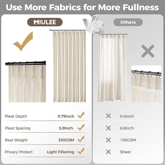 MIULEE Pinch Pleated Thick Linen Curtains 96 Inches Long 2 Panels for Living Room Bedroom, Memory Trained Pleat Drapes Light Filtering Birch Semi Sheer Window Curtains Hooks Rings Back Tab