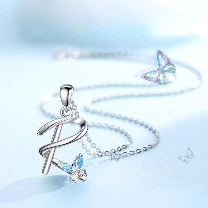EUDORA Sterling Silver Butterfly Initial Necklaces for Women, Elegant Letter Neckles Personalized Gift for Mother, Sister, Daughter, 18 inch Chai