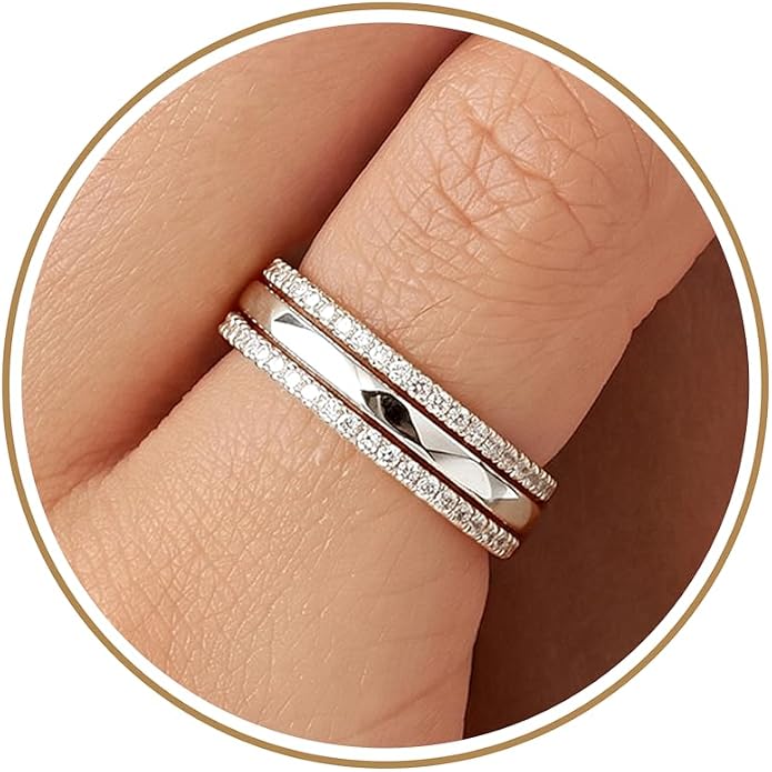 Purplepig Stackable Rings for Women Non Tarnish, Two Tone Mixed Metal Dainty Eternity Band Set, 14K Gold & Sterling Silver Plated Cubic Zirconia Hypoallergenic Wedding Thumb Pinky Rings Size 4-11