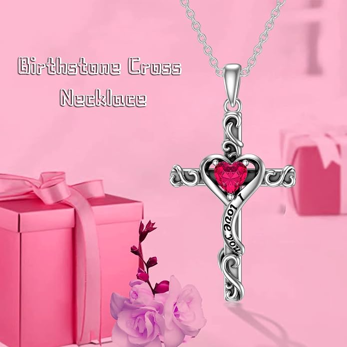 TOUPOP Cross Birthstone Necklace for Women 925 Sterling Silver Heart Cross Pendant I Love You Jewelry Anniversary Birthday Mothers Day Gifts for Mom Wife Her