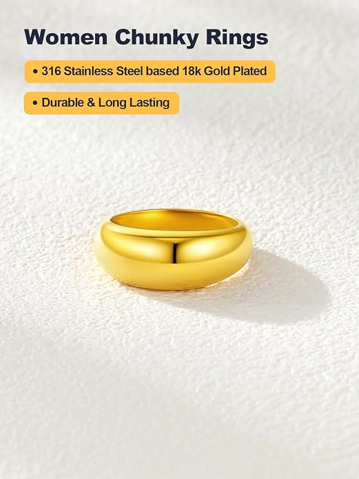 U7 Chunky Gold Dome Rings for Women, Stainless Steel/18KGold Plated/Black Statement Ring Non Tarnish Women Rings, Size 7-12