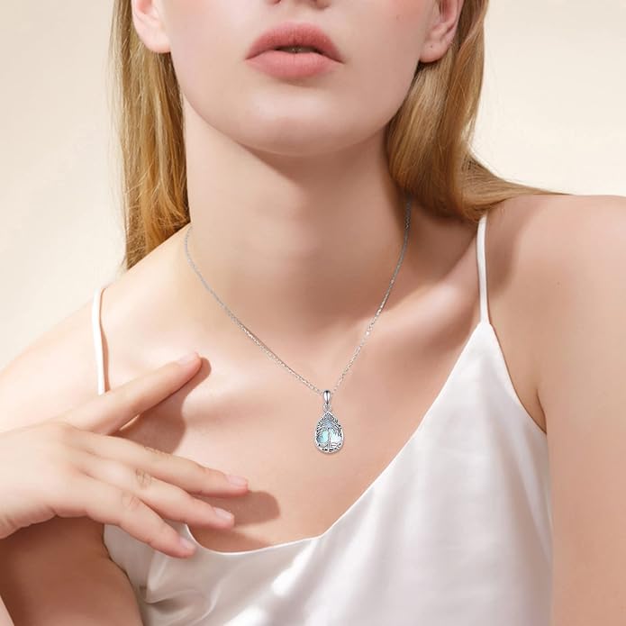 ONEFINITY Tree of Life Urn Necklace for Ashes Sterling Silver Moonstone Black Onyx Mass Agate Cremation Necklace for Ashes Keepsake Memory Jewelry for Women