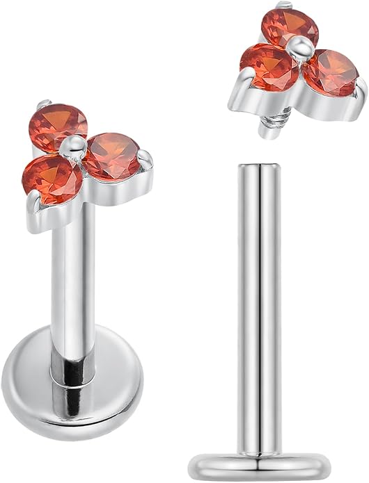 2PCS Titanium Internally Threaded Gem Labret | 16G Flat Back CZ Crystal Stud Earrings | Tragus Helix Cartilage Conch Lip Monroe | Implant Grade Body Piercing Jewelry