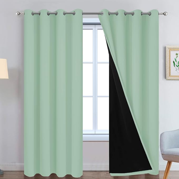 Yakamok Light Sage 100% Blackout Curtains 84 Inches Long 52" Wide, 2 Panels | Blackout Curtain Panels for Bedroom, 2 Thick Layers Grommet Top Thermal Insulated Drapes with Black Liner for Living Room