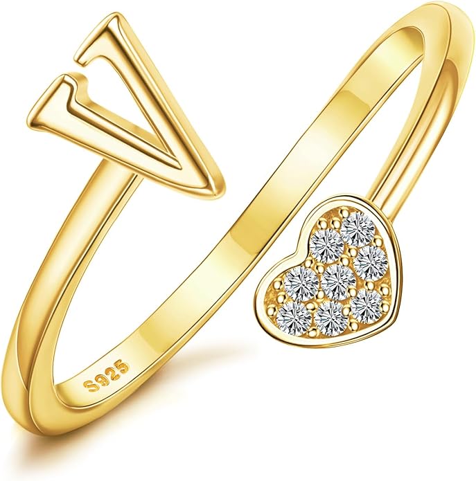 MILACOLATO 925 Sterling Silver Initial Rings for Women Teen Girl 18K Gold Plated Heart Initial Rings Adjustable Capital Letter Ring Stackable Thumb Pinky Rings for Daughter Birthday Bridesmaid Gifts Jewelry, A to Z