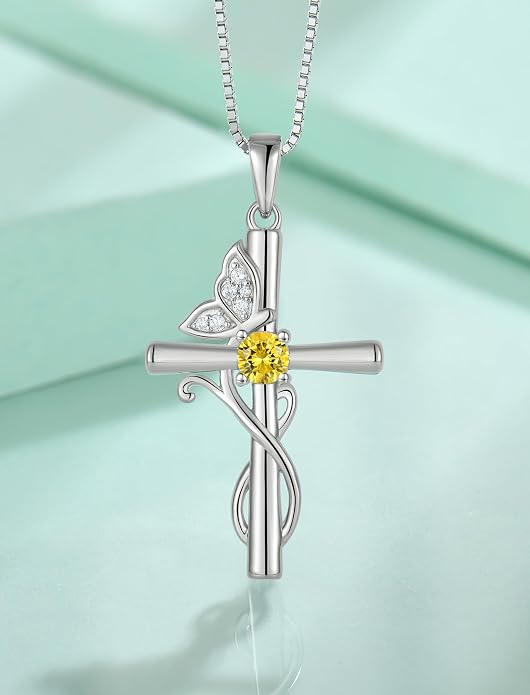 STARCHENIE Butterfly Cross Necklace 925 Sterling Silver Crucifix Pendant Birthstone Jewelry for Women