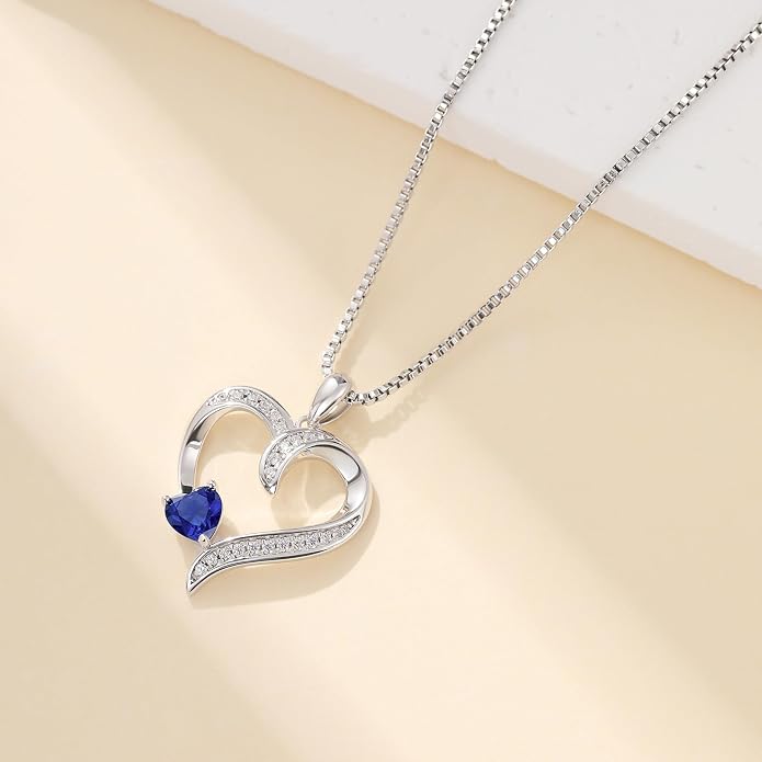 Love Heart Necklace for Women, 925 Sterling Silver Cubic Zirconia Birthstone Heart Pendant Jewelry Gift for Mom, Mother, Wife, Girlfriend on Birthday, Mother's Day, Chain 18 inch
