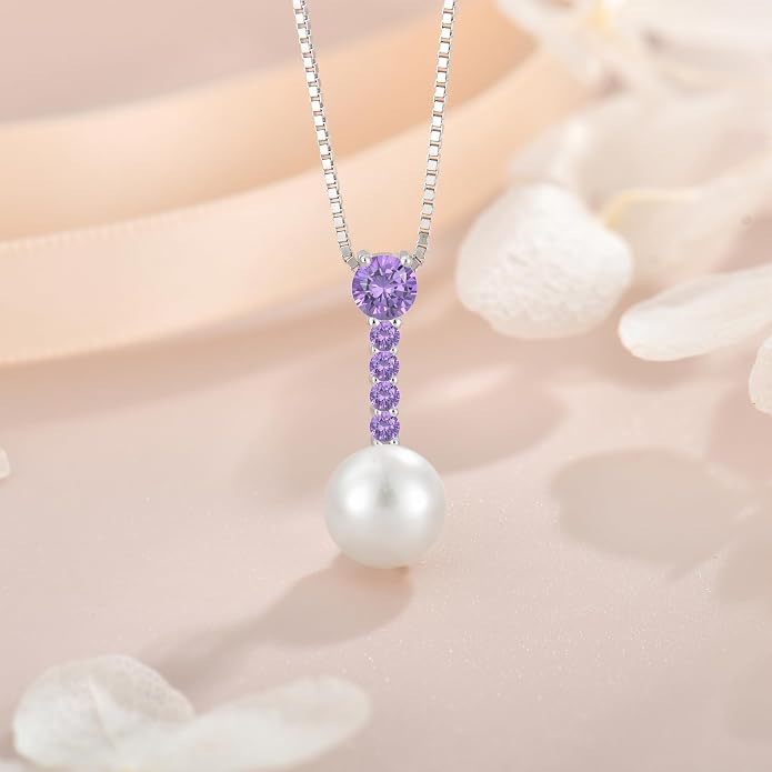 Pearl Necklace for Women, 925 Sterling Silver Dainty Round Freshwater Pearl with 5A Zircon Pendant Ideal Birthstone Jewelry Gifts for Her