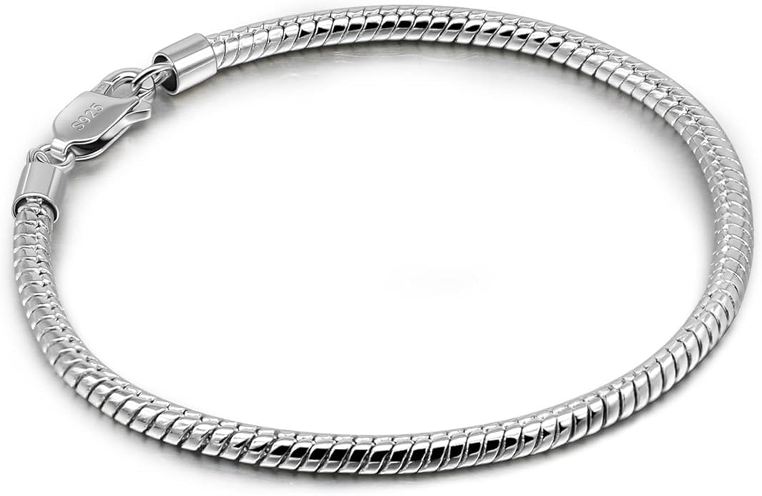 Dankadi Italy Smooth 3MM 4MM Round Snake Chain Bracelet Solid 925 Sterling Silver Men Women 6.3" 6.7" 7" 7.5" 8" 8.5" 9" 9.5" Bangle Charm Jewelry Gift