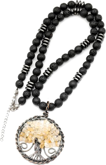 ElisaJewelryArt - Natural Labradorite Big Tree Of Life Black Lava Stone Beaded Necklace Genuine Gemstone Energy Stone Clasp Closure Necklace Unisex Necklace