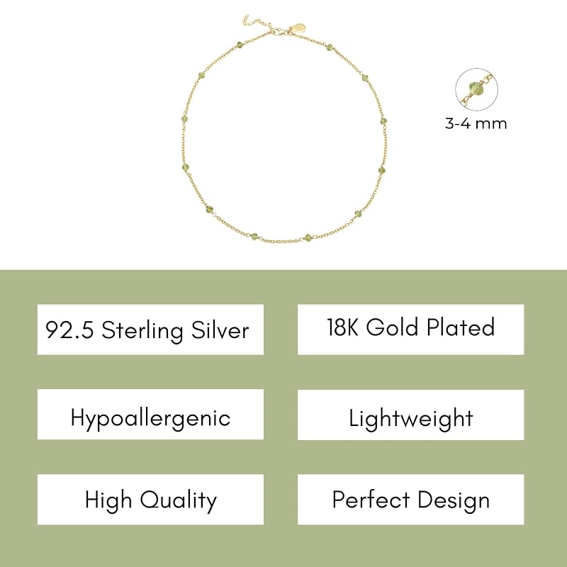 Peridot Necklace for Women, Premium Beaded Gold Necklaces for Women - Tarnish Free 18K Gold Vermeil Certified S925 Classic Statement Necklace Gold Jewelry for Women - Mothers Day Gifts for Mom Wife