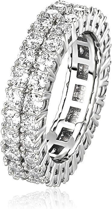 TOPGRILLZ 2-Row Cubic Zirconia Band Ring for Men & Women, 14K Gold Plated Brass, 9 mm Wide Iced-Out Eternity, Sizes 6-12, Golden or Silvery