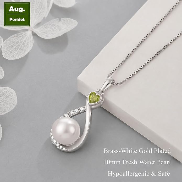 Heart Birthstone Pearl Pendant Necklace, 925 Sterling Silver Infinity Necklace with 10mm Freshwater Cultured Pearl & 4mm Gemstone Jewelry for Women
