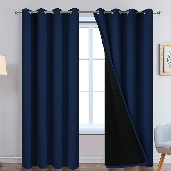 Yakamok Navy Blue 100% Blackout Curtains 84 Inches Long 52" Wide, 2 Panels | Blackout Curtain Panels for Bedroom, 2 Thick Layers Grommet Top Thermal Insulated Drapes with Black Liner for Living Room
