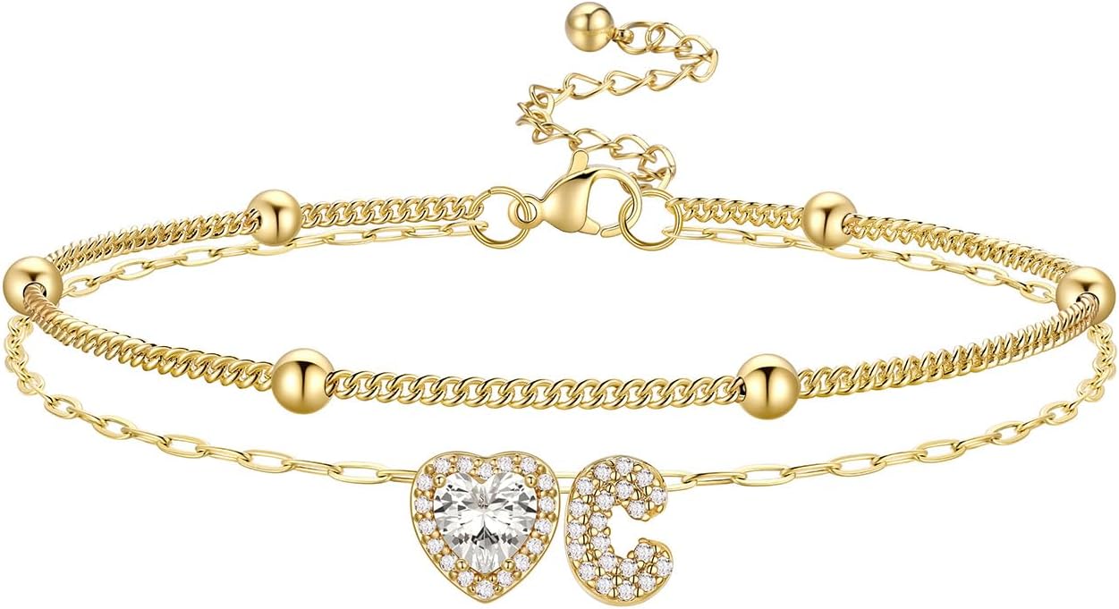 Bestyle Initial Anklet Bracelets for Women Waterproof Non Tarnish 14K Gold/White Gold Plated CZ Anklets for Women Dainty Layered Letter Heart Ankle Bracelets Adjustable Foot Chain Anklet
