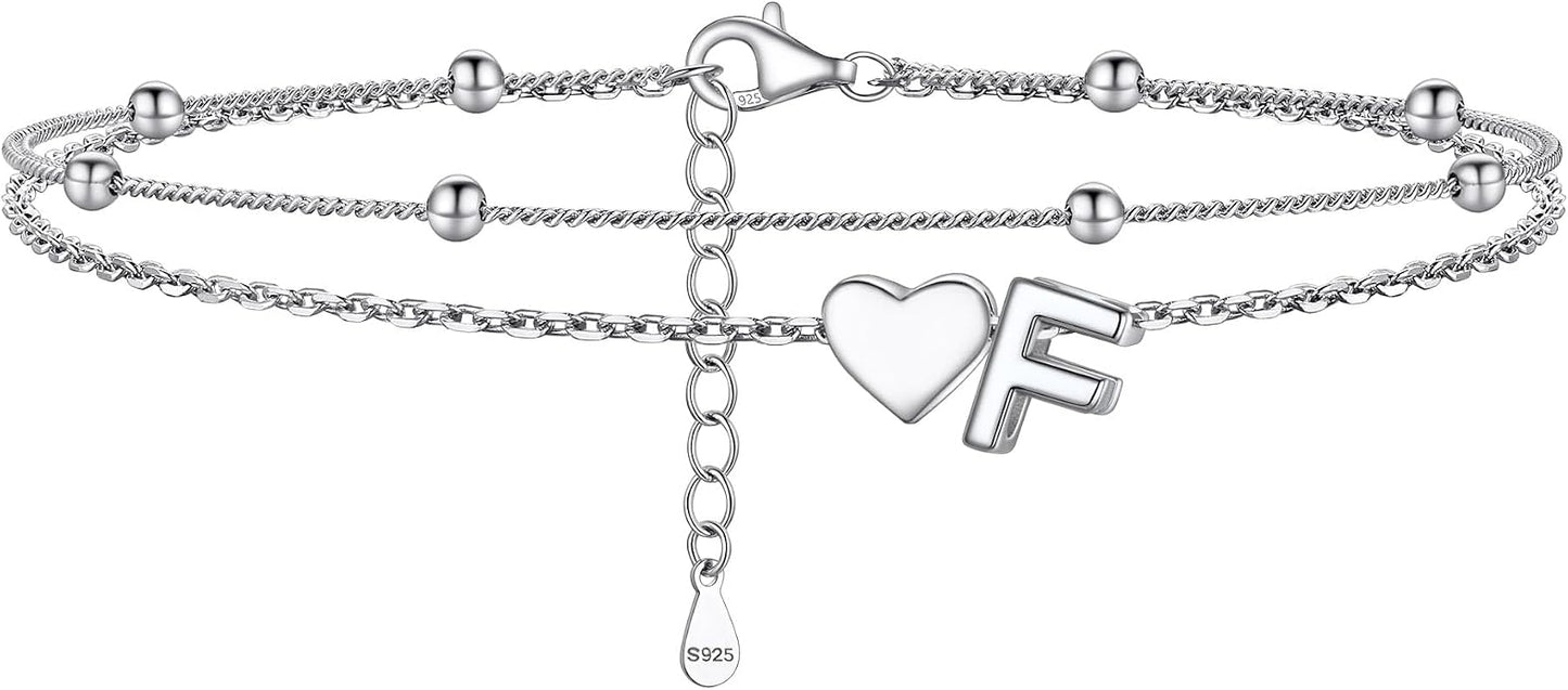 PROSILVER Ankle Bracelets for Women S925 Sterling Silver Anklets for Women Waterproof, Dainty Layered Heart Anklet, Beach Initial Anklet for Summer, Letter A-Z