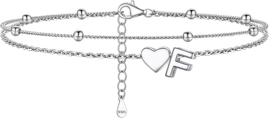 PROSILVER Ankle Bracelets for Women S925 Sterling Silver Anklets for Women Waterproof, Dainty Layered Heart Anklet, Beach Initial Anklet for Summer, Letter A-Z