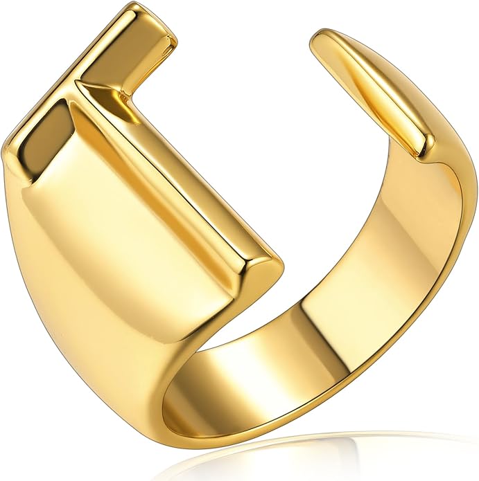 KeyStyle Bold Initial Letter Rings Adjustable, GoldChic Jewelry Women Gold Statement Ring Personalized Engraved Women’s Open Signet Ring for Party (Gold, White Gold, Black)