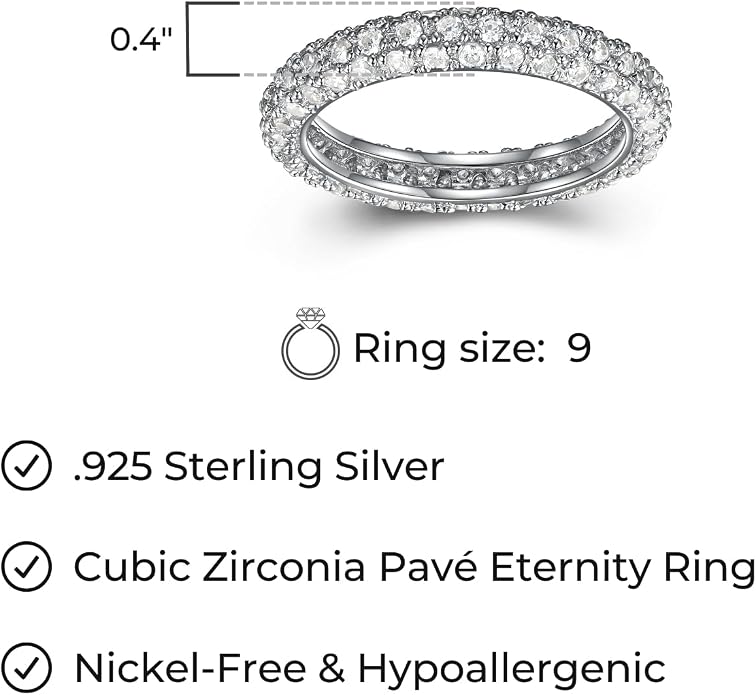 MORGAN & PAIGE .925 Sterling Silver Rhodium Plated Cubic Zirconia Pavé Eternity Ring for Women - Sterling Silver Rings Women, Cubic Zirconia Wedding Band for Her, Hypoallergenic Jewelry, Sizes 6-9