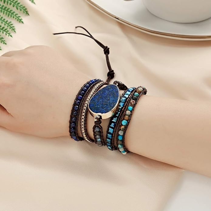 Plumiss Women Boho Handmade Natural Stone Crystal Leather Bead Wrap Bracelets Collection