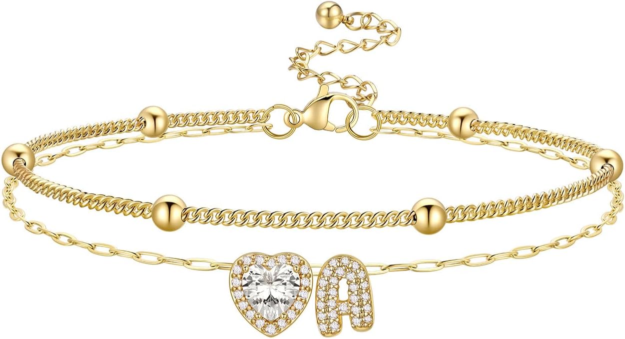 Bestyle Initial Anklet Bracelets for Women Waterproof Non Tarnish 14K Gold/White Gold Plated CZ Anklets for Women Dainty Layered Letter Heart Ankle Bracelets Adjustable Foot Chain Anklet