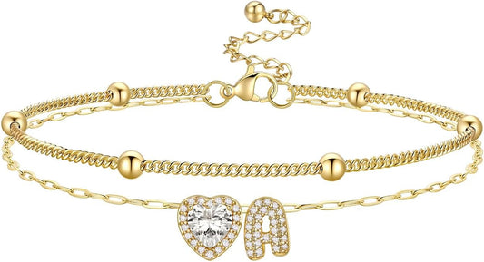Bestyle Initial Anklet Bracelets for Women Waterproof Non Tarnish 14K Gold/White Gold Plated CZ Anklets for Women Dainty Layered Letter Heart Ankle Bracelets Adjustable Foot Chain Anklet