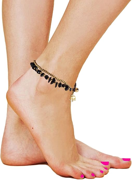 Handmade Black Obsidian Stone Elephant Charm Brass Beads Anklets Bracelet 10 Inches