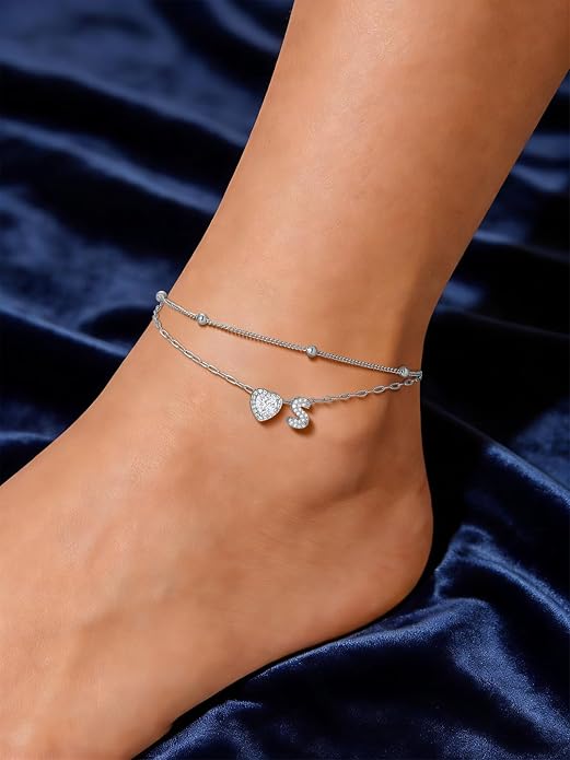 FindChic Silver/14K Gold Plated Layered CZ Initial Ankle Bracelet for Women | Waterproof Stainless Steel, Cubic Zirconia Letter Charm, Non-Tarnish, Hypoallergenic, Adjustable Extender, Summer Jewelry