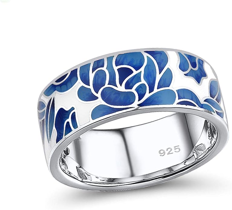 Santuzza 925 Sterling Silver Enamel Flower Pattern Ring for Women