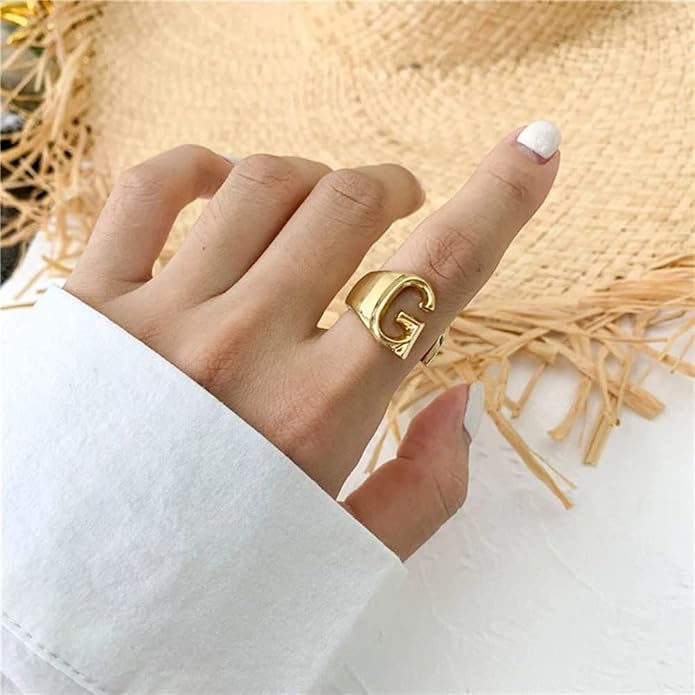 KeyStyle Bold Initial Letter Rings Adjustable, GoldChic Jewelry Women Gold Statement Ring Personalized Engraved Women’s Open Signet Ring for Party (Gold, White Gold, Black)