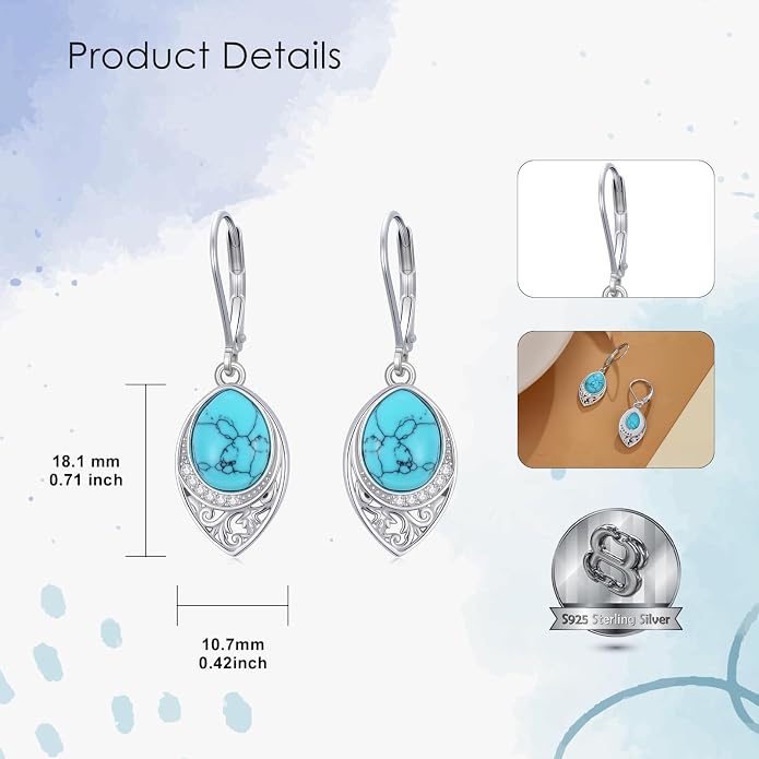 PROESS Filigree Teardrop Earrings S925 Sterling Silver Turquoise/Black Onyx/Peridot/Lapis Lazuli/Abalone Dangle Earrings Teardrop Jewelry for Women Mothers Day Birthday Christmas Gifts