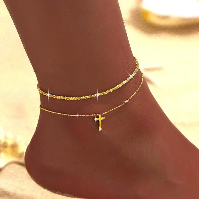 Yalice 925 Sterling Silver Ankle Bracelets for Women Dainty 14K Gold Plated Anklets Set Shiny Waterproof Ankle Chain Cross Beach Foot Jewelry Gifts