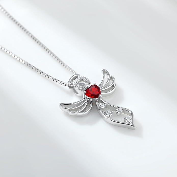 925 Sterling Silver Guardian Angel Pendant Necklace for Women - Birthstone Cubic Zirconia, 18" Chain, Gift for Her