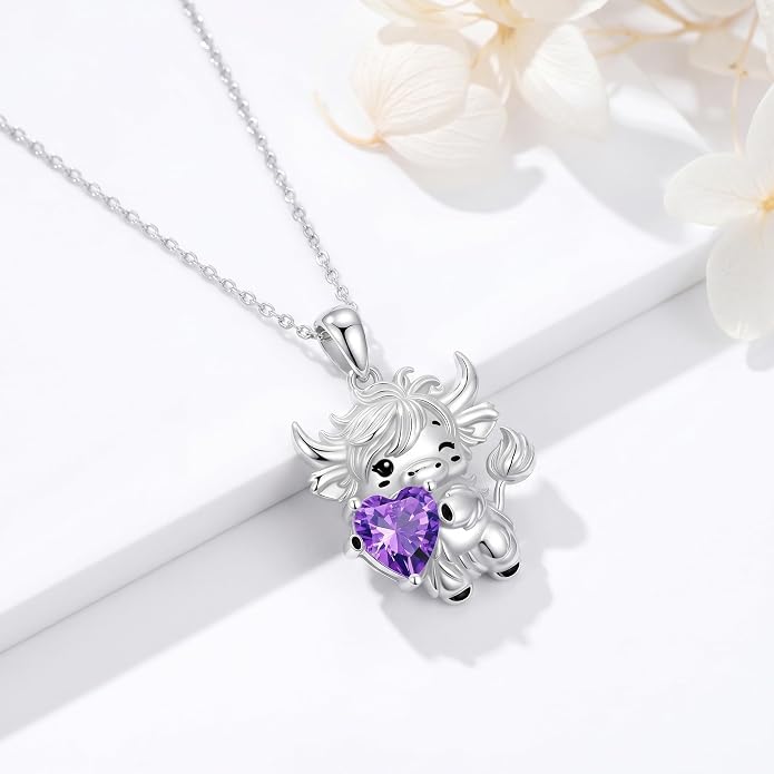 PELOVNY Teddy Bear Necklace for Women 925 Sterling Silver Bear/Highland Cow/Fox/Cat/Axolotl Birthstone Necklace Christmas Birthday Jewelry Gifts for Mom Daughter Wife Sister