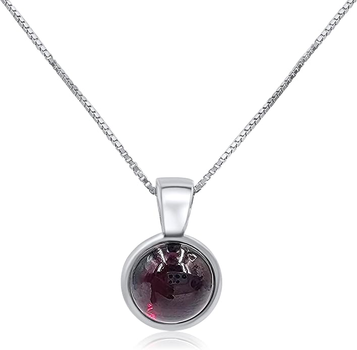 Natural gemstone 8mm round pendant with white gold over 925 sterling silver bezel cabochon plate and box chain, real genuine dainty birthstone gift for her, uniquelan jewelry