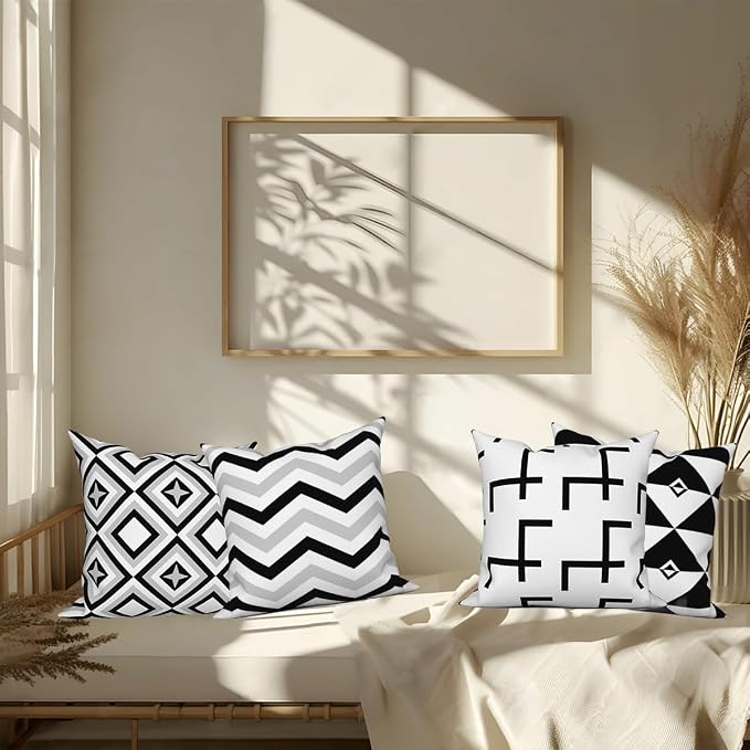 Black White Throw Pillow Cover 26"x26" Set of 4, Modern Minimalist Geometric Irregular Stripes Cushion Cover for Sofa Chair Couch Bed Office Garden Patio Farmhouse Indoor Outdoor