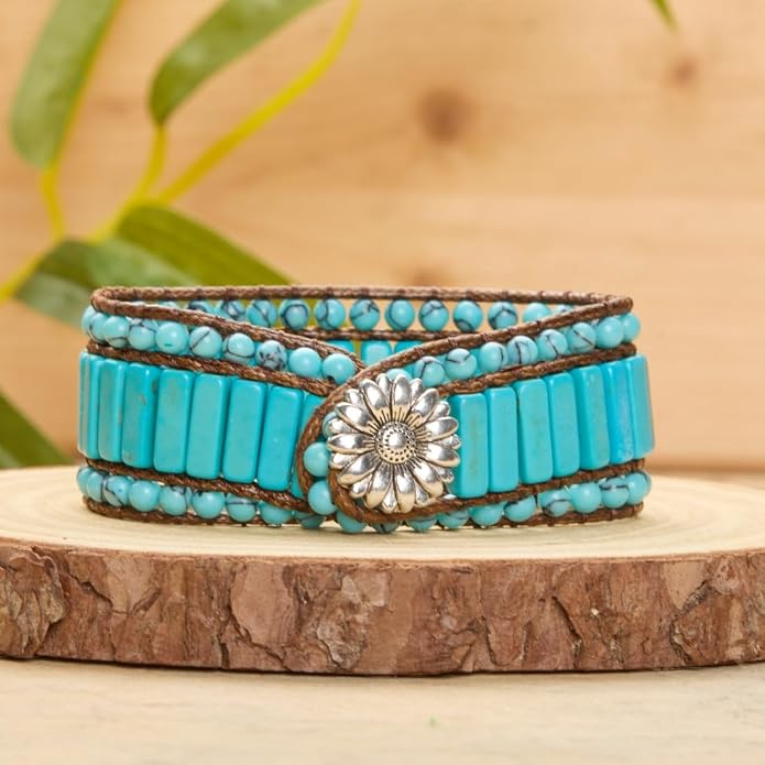 YGLINE Boho Handmade Natural Stone Bead 3 Row Wide Wrap Wrist Statment Bracelet Jewelry Collection