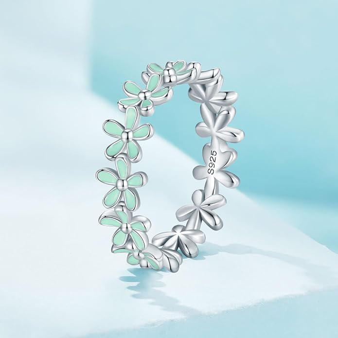 MUNDELL 925 Sterling Silver Dainty Daisy Rings Blue Flower Finger Rings for Women Stacking Promise Rings Fine Jewelry