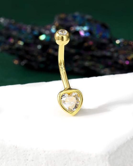 COCHARM 14K Gold Plated 925 Sterling Silver Belly Button Ring - Dainty Heart Navel Piercing Jewelry for Women