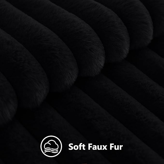 decorUhome Fall Faux Fur Throw Pillow Covers 26x26 Set of 2 Black | Decorative Soft Cozy Striped Plush Modern Farmhouse Boho Couch Pillow Cases Velvet Back for Sofa Bed Living Room Home Decor