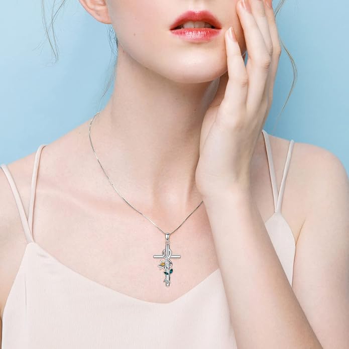 Cross Necklace for Women 925 Sterling Silver I Love You Necklace Religious Jewelry with Gift Box for Mother Daughter
