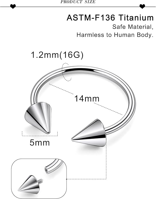 20G 18G 16G 14G 12G 8G 6G 4G 2G ASTM F136 Titanium Internal Thread Horseshoe Septum Ring Jewelry Circular Barbell Helix Snug Tragus Rook Daith Cartilage Earring Lip Ring Piercing Jewelry