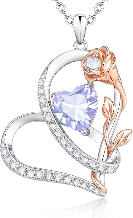 Rose Heart Birthstone Necklace for Women - Dainty 925 Sterling Silver Necklaces for Women Trendy CZ Pendant Necklace Jewelry Birthday Anniversary Christmas Gifts for Girlfriend Mom Lady Daughter