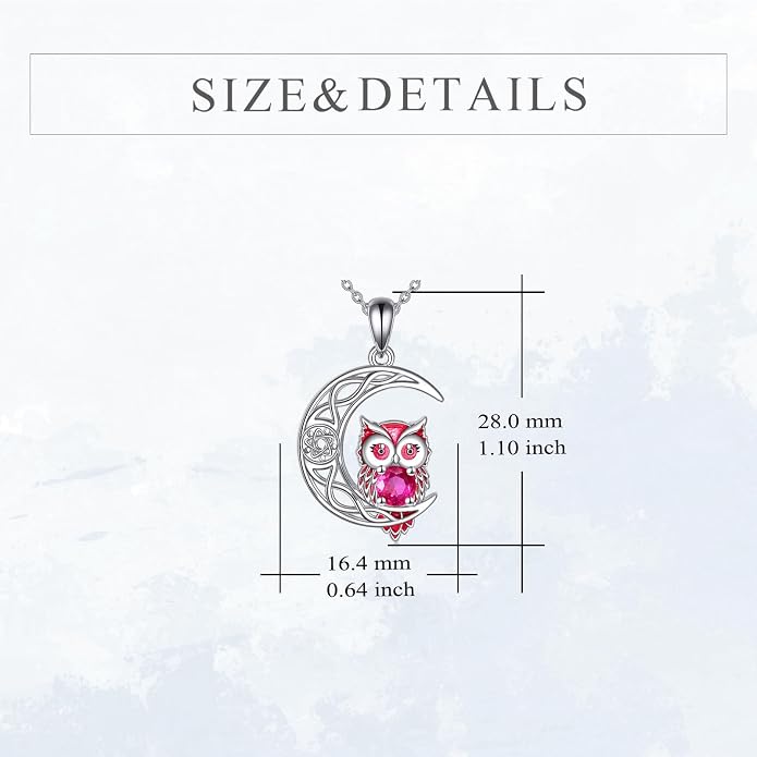 Owl Birthstone Necklace Sterling Silver Celtic Moon Pendant Cubic Zirconia Owls Jewelry Birthday Gifts for Women Men